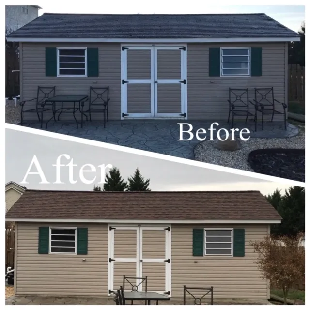 Detached garage refresh with new roof, siding, doors, and shutters
