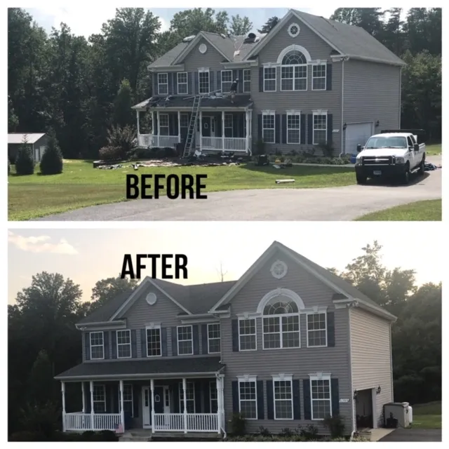 Two-story Colonial home before and after architectural shingle re-roof