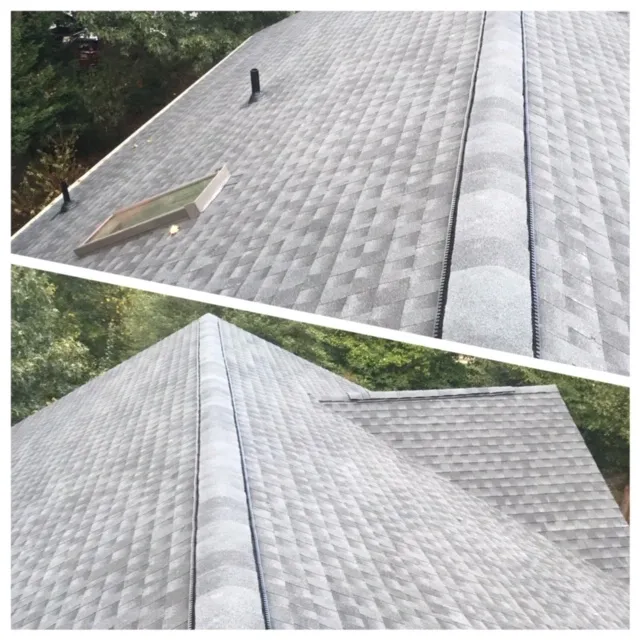 Top-down view of ridge cap install on architectural shingle roof