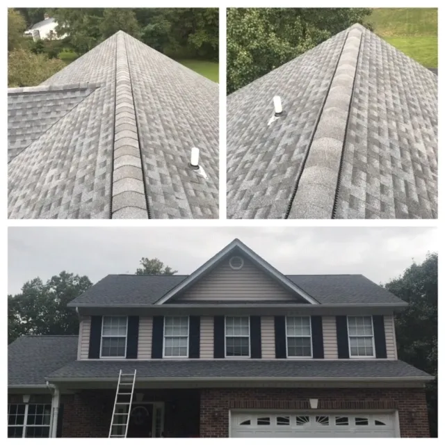 Roof install in progress and completed two-story home