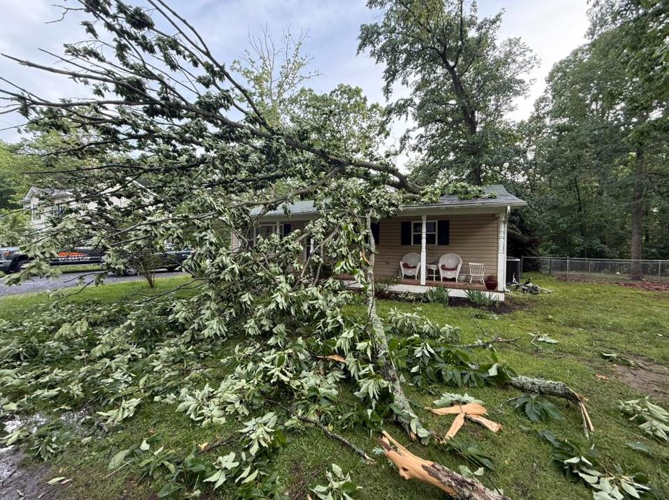 Large fallen tree across the front of a home after a storm